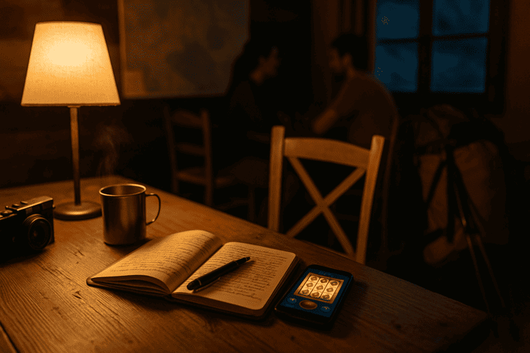 Soirée tranquille au gîte sur la Via Francigena : carnet, lampe, téléphone et sac à dos